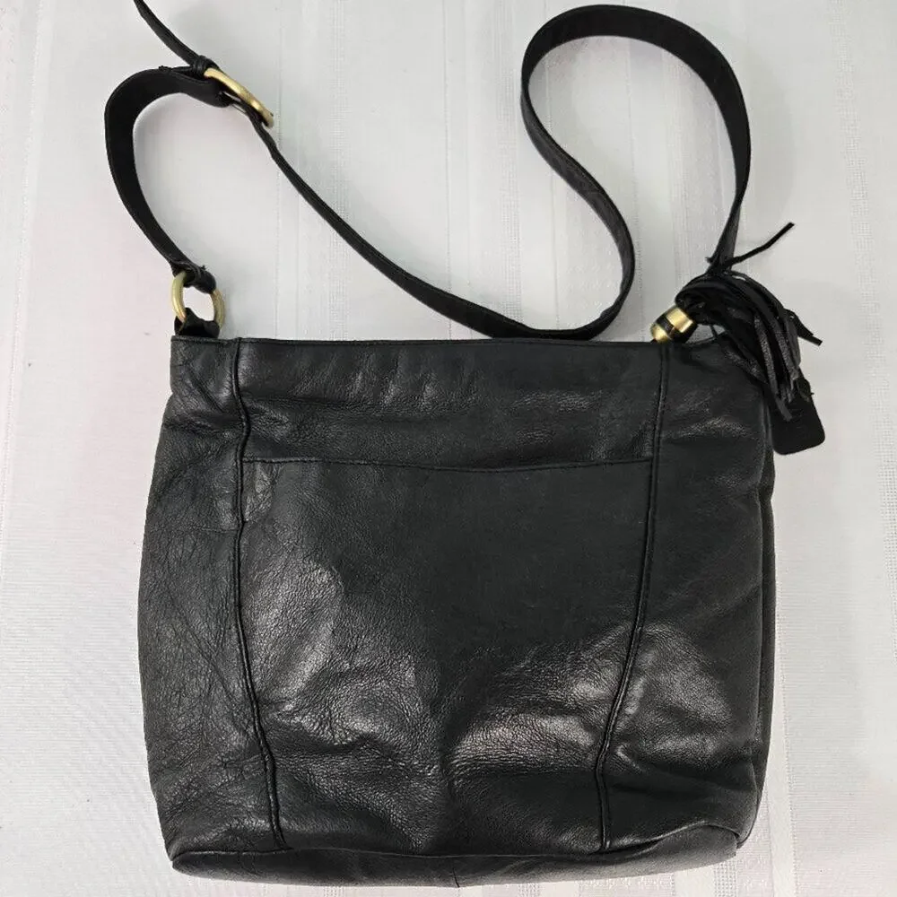 St Johns Bay Black Leather Adjustable Shoulder Strap Purse w/Fringe Tassel